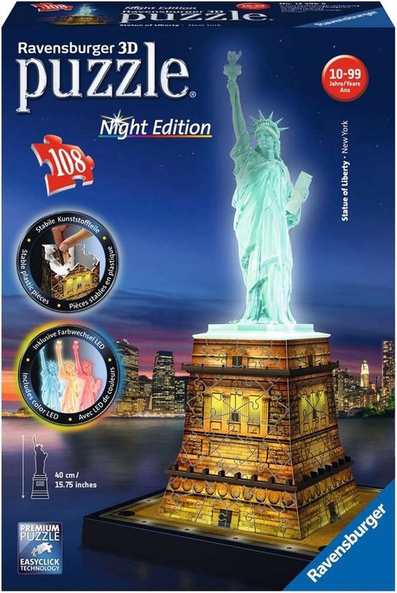 Ravensburger Statue of Liberty Night Edition- 3D puzzel gebouw – 108 stukjes - Afbeelding 3