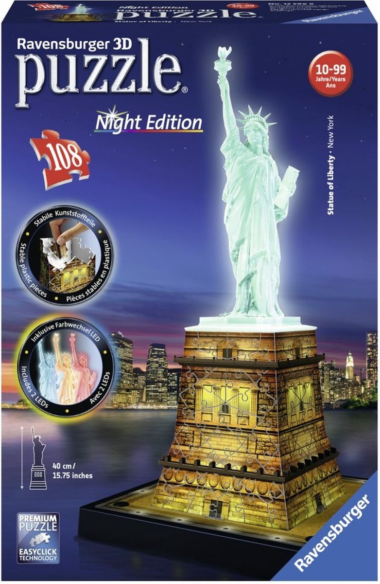 Ravensburger Statue of Liberty Night Edition- 3D puzzel gebouw – 108 stukjes - Afbeelding 6