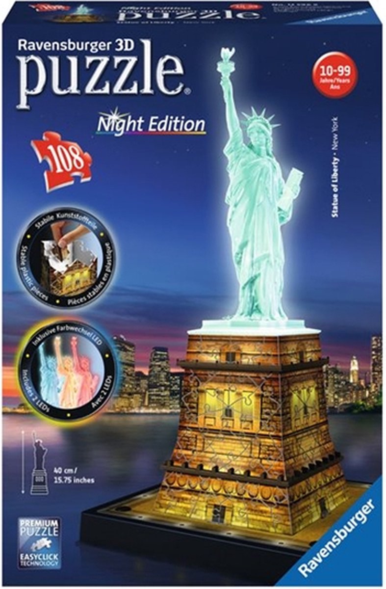 Ravensburger Statue of Liberty Night Edition- 3D puzzel gebouw – 108 stukjes - Afbeelding 7