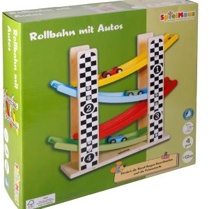 Vedes houten speelgoedbaan met auto’s – kleurrijke racebaan voor kinderen.