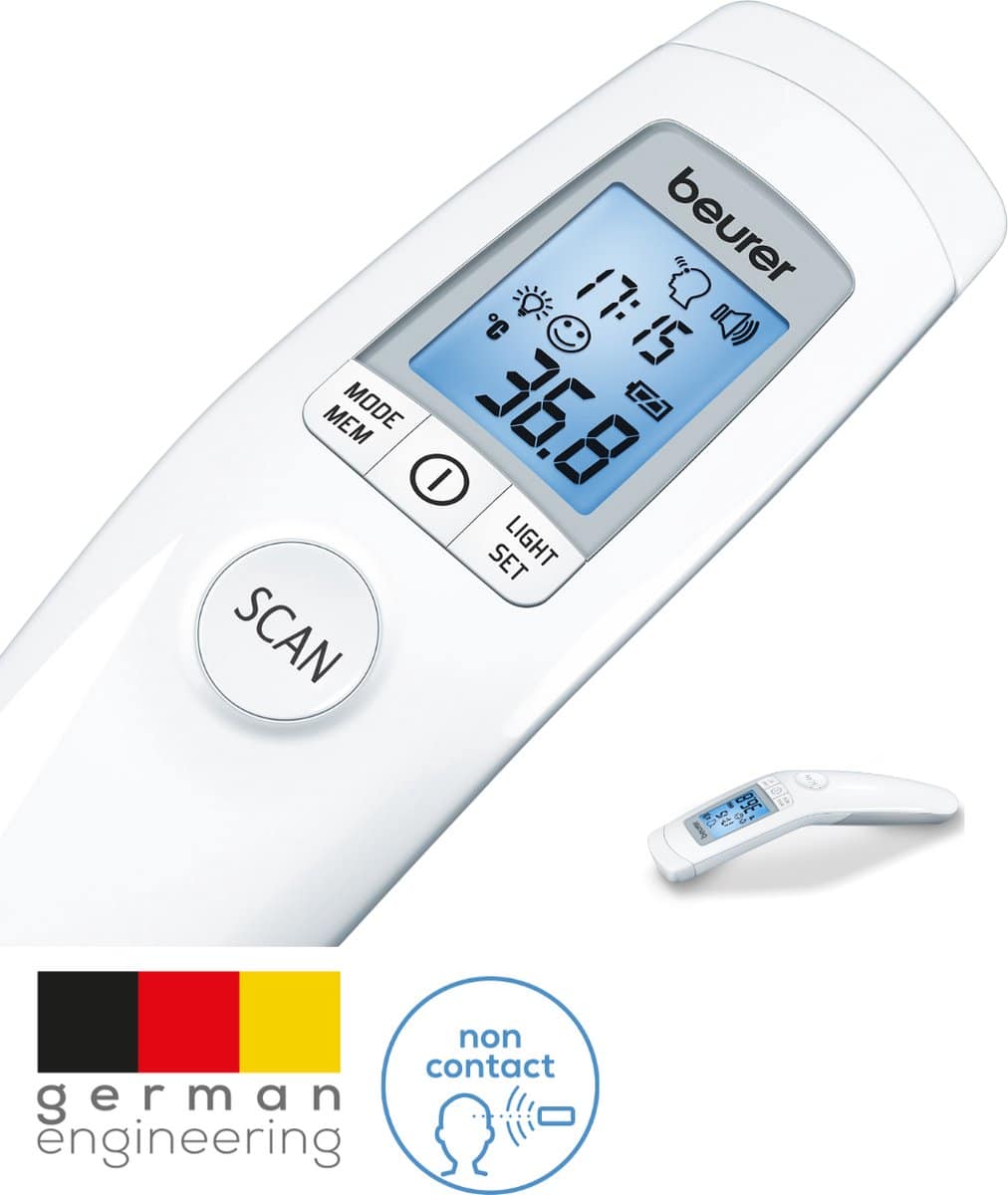 Beurer FT 90 Contactloze Koortsthermometer – Voorhoofdmeting in Seconden – Meet Lichaam, Oppervlak & Kamer – Met Smileys & Akoestisch Koortsalarm –– XL Verlicht Display – 60 Geheugenplaatsen – Medisch Gecertificeerd – Incl. Batterijen & opbergbox