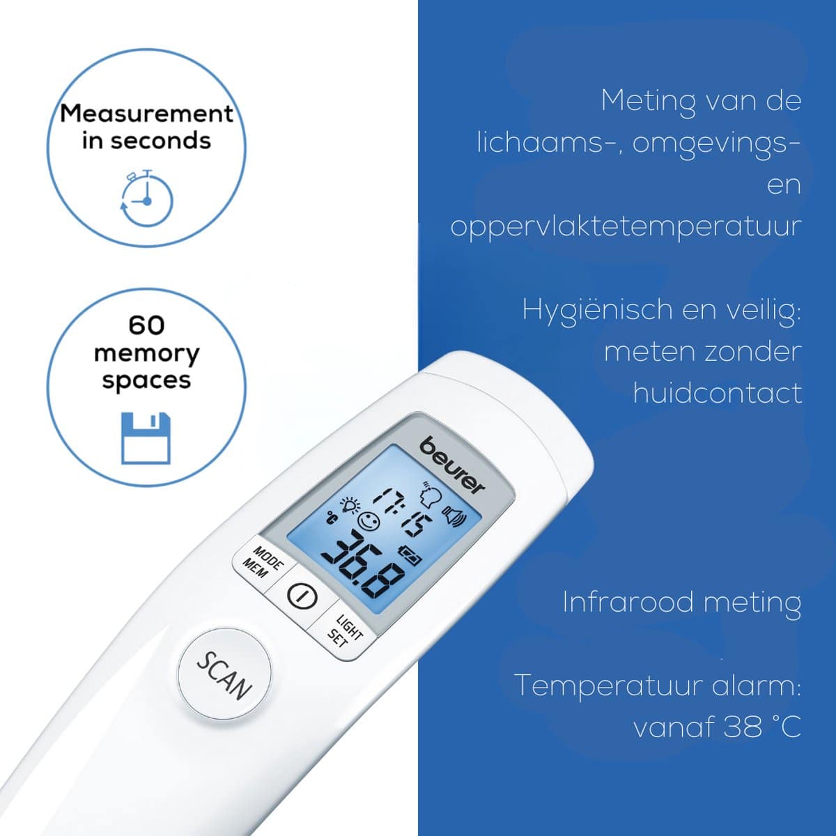 Beurer FT 90 Contactloze Koortsthermometer – Voorhoofdmeting in Seconden – Meet Lichaam, Oppervlak & Kamer – Met Smileys & Akoestisch Koortsalarm –– XL Verlicht Display – 60 Geheugenplaatsen – Medisch Gecertificeerd – Incl. Batterijen & opbergbox - Afbeelding 5