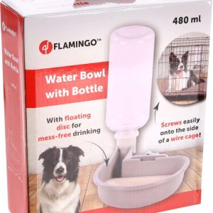 Flamingo drinkfles hondenbench – drinkbak bench hond – drinkfles transportbench – anti-mors systeem – universeel klemsysteem – Diza Grijs – 480 ml