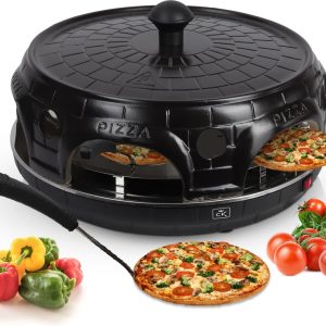 CuisineKing Pizza Oven Black Edition – 6 Personen – Handgemaakte Terracotta Koepel – RVS bakplaat 1100 Watt – Pizzaovens Pizza Gourmetstel – Incl. 6 Spatels en deegvorm