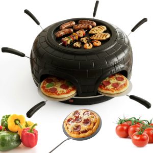 CuisineKing 3-in-1 Pizza Grill Oven G1 – 6 Personen – Raclette, Grill en Pizzaoven – Handgemaakte Terracotta Koepel – Gourmetstel – Incl. 6 Spatels en deegvorm