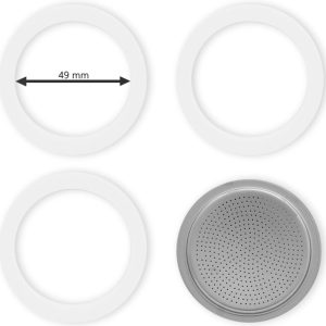 Bialetti – Set Filterplaatje aluminium (49mm) – Voor de Bialetti Moka Express en Moka Induction, 3 en 4 Kops – Inclusief 3 Rubberen Ringen (binnenmaat ring 49mm)