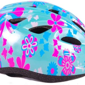 Volare Kinder Fietshelm maat XS – Blauw Roze Bloemetjes – 47-51 cm – extra klein model