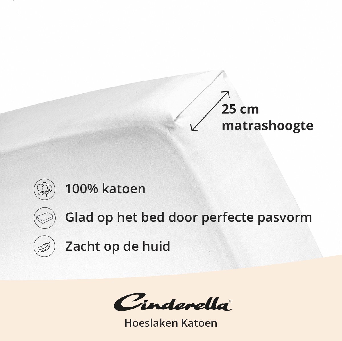 Cinderella – Weekend – Hoeslaken – Geschikt voor Boxspring – 100% Katoen – 90×210 cm – Tot 25 cm matrashoogte – Wit - Afbeelding 3