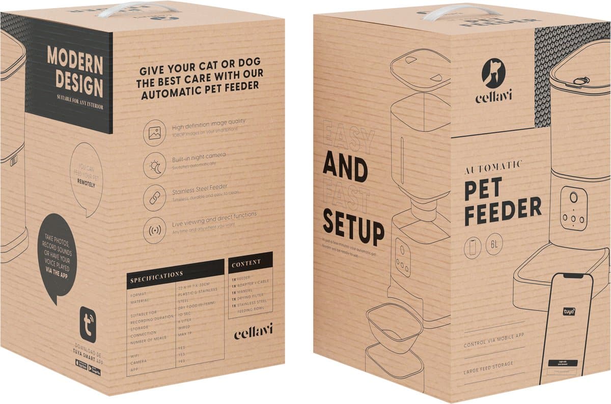 Cellavi Automatische Voerbak Kat en Hond – Voerautomaat Dispenser met App en Camera – RVS Voerbak Kat & Hond – 6 L – Zwart - Afbeelding 6