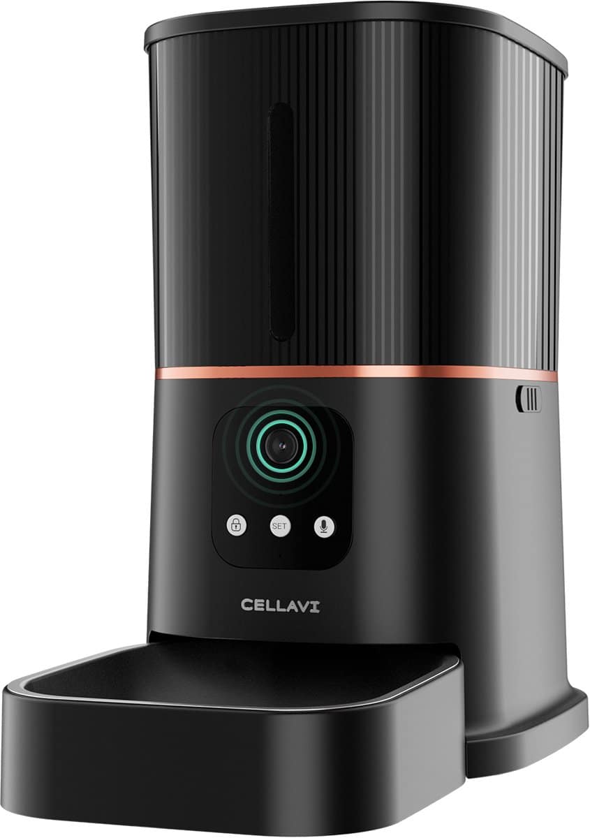 Cellavi Automatische Voerbak Kat en Hond – Voerautomaat Dispenser met App en Camera – RVS Voerbak Kat & Hond – 6 L – Zwart