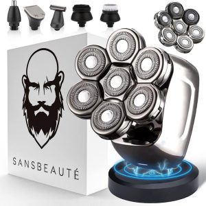 6-in-1 Scheerapparaat Mannen + Extra Scheerkop Trimmer – Tondeuse – Sansbeauté® SkullSharp PRO – Nat & Droog – Face en Head Shaver – Hoofd Kaal Scheren – Skull Shaver – Draadloos Opladen – Opzetstukken