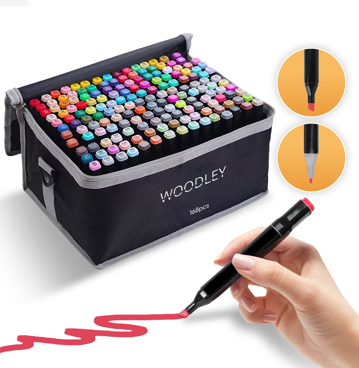 Woodley Dubbelzijdige Stiften 168 kleuren – Voor volwassen en kinderen – Markeerstiften – Dubbelzijdige stiften – Twinmarkers – Alcohol markers - Afbeelding 2
