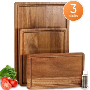 3 Delige Snijplankenset – Snijplanken acaciahout – Keukenplanken met sapgeul – Snijplank – Borrelplank – Serveerplank – Houten snijplank – 38.1 x 25.4cm – Incl. onderhoudsolie