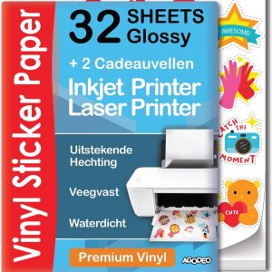 32 Glossy Vinyl Stickervellen A4 – Stickerpapier Voor Printer – Incl. 2 Geschenkvellen – Inkjet & Laser Printer – Waterbestendig, Sneldrogend – Geschikt Voor Cricut – Sticker Papier – Stickerpapier A4
