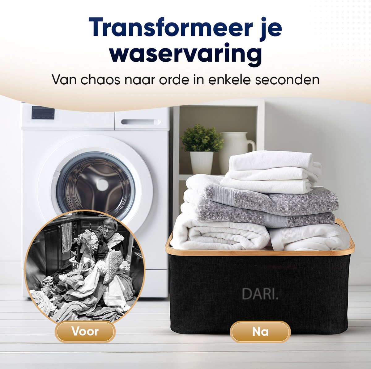 DARI. Opvouwbare Wasmand 45L – Heupwasmand – Wasmanden – Opbergmand – Wasbox – Bamboe – Zwart - Afbeelding 6