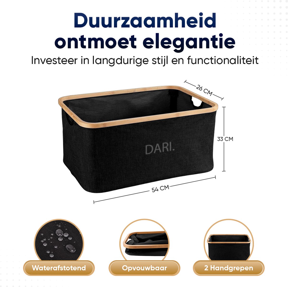 DARI. Opvouwbare Wasmand 45L – Heupwasmand – Wasmanden – Opbergmand – Wasbox – Bamboe – Zwart - Afbeelding 5