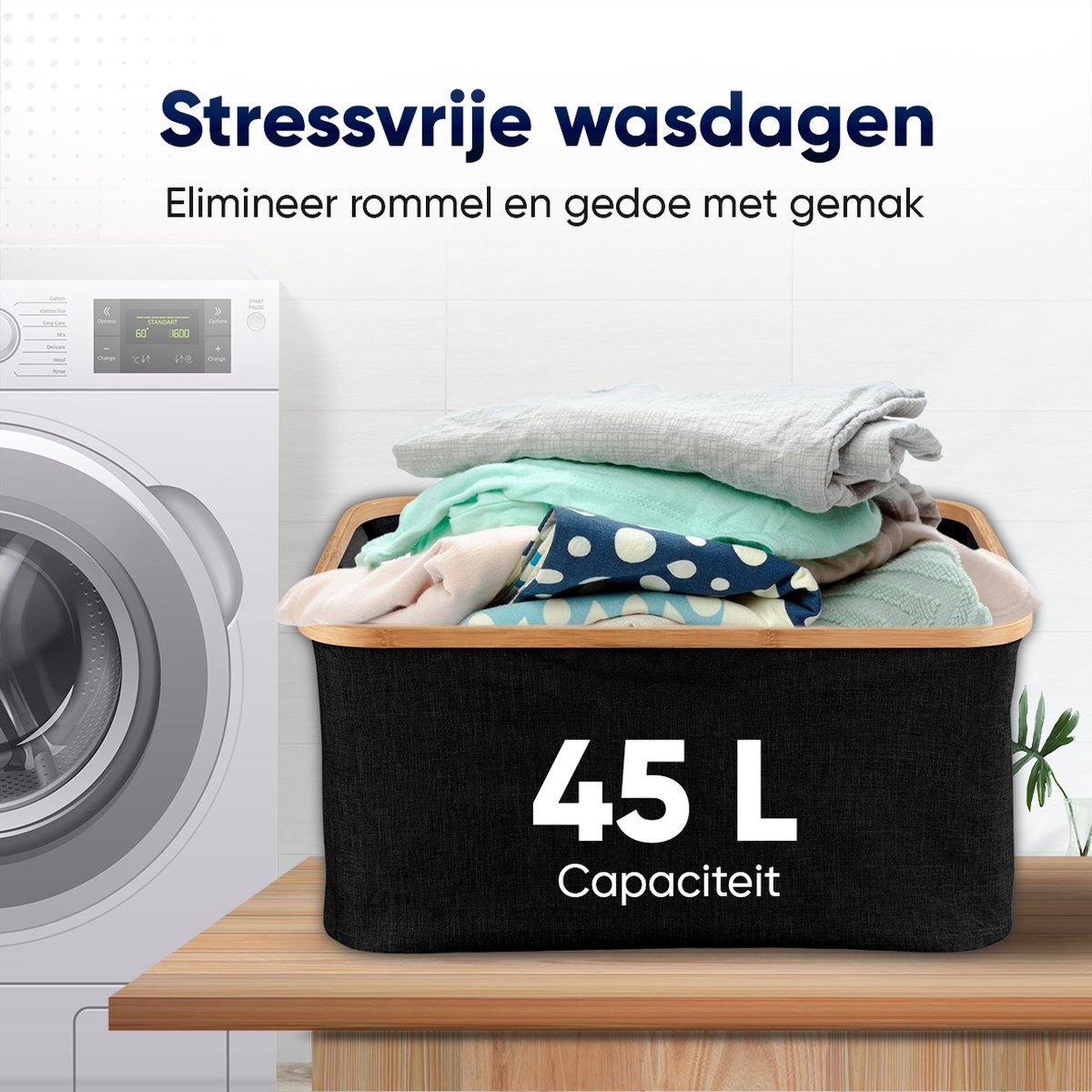 DARI. Opvouwbare Wasmand 45L – Heupwasmand – Wasmanden – Opbergmand – Wasbox – Bamboe – Zwart - Afbeelding 7
