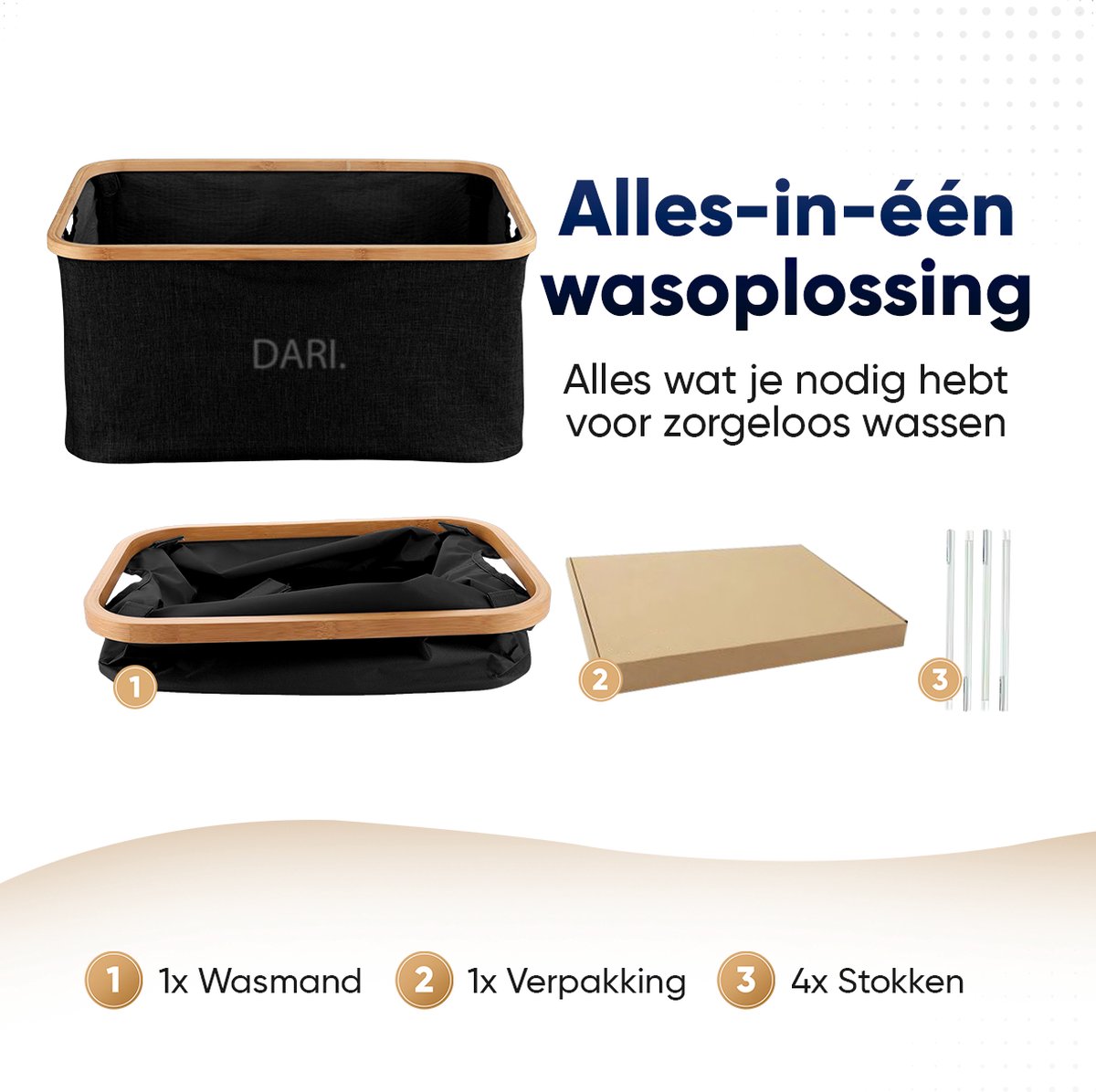 DARI. Opvouwbare Wasmand 45L – Heupwasmand – Wasmanden – Opbergmand – Wasbox – Bamboe – Zwart - Afbeelding 8