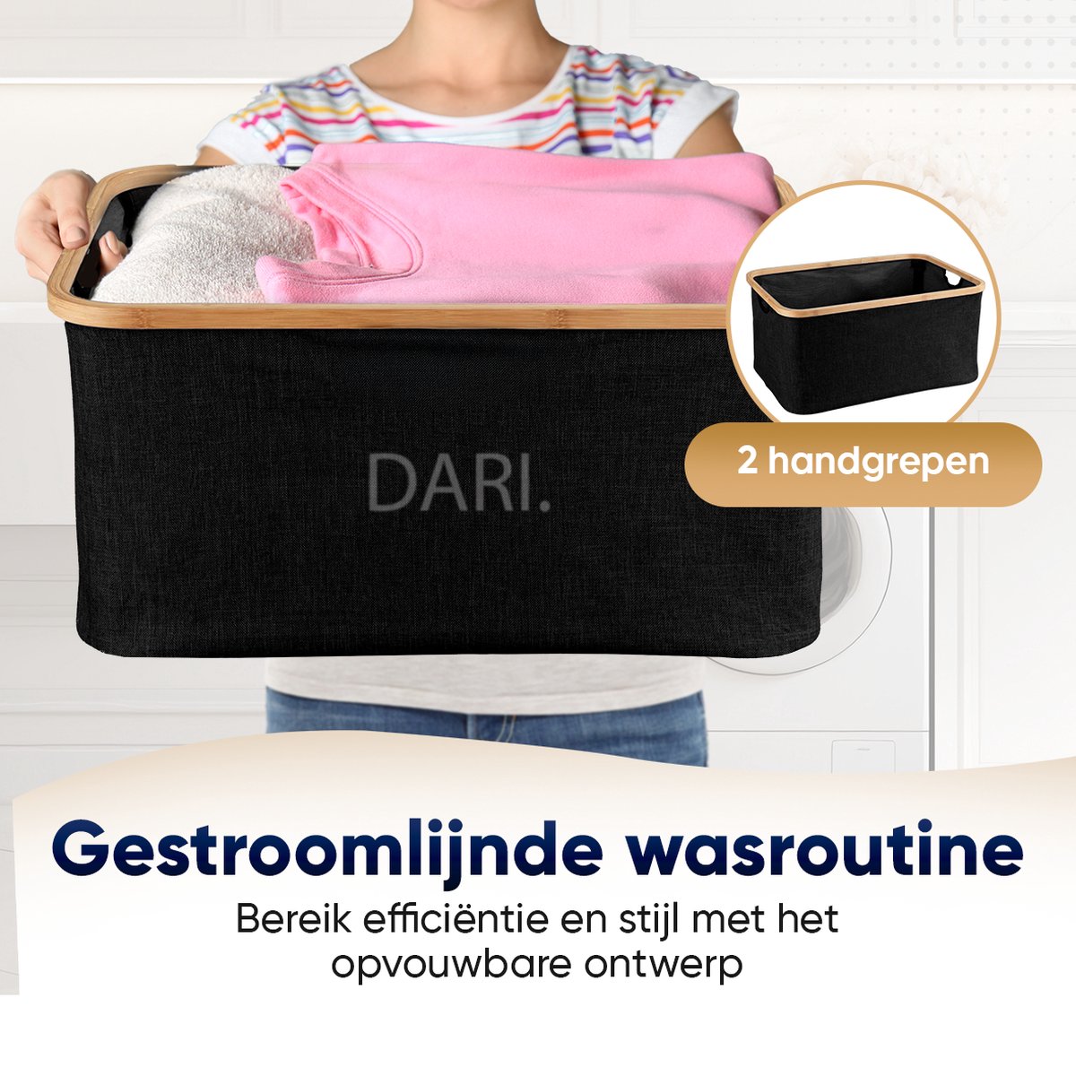 DARI. Opvouwbare Wasmand 45L – Heupwasmand – Wasmanden – Opbergmand – Wasbox – Bamboe – Zwart - Afbeelding 4