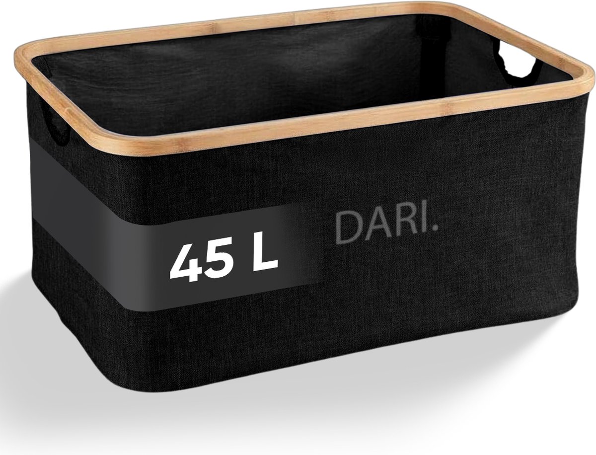DARI. Opvouwbare Wasmand 45L – Heupwasmand – Wasmanden – Opbergmand – Wasbox – Bamboe – Zwart