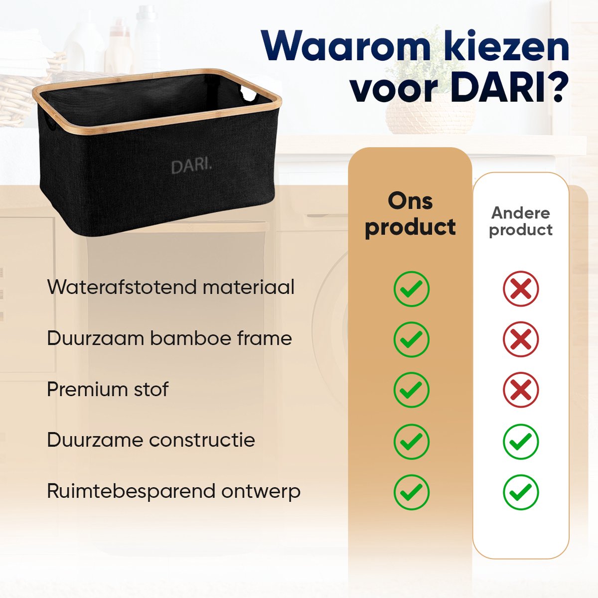 DARI. Opvouwbare Wasmand 45L – Heupwasmand – Wasmanden – Opbergmand – Wasbox – Bamboe – Zwart - Afbeelding 9