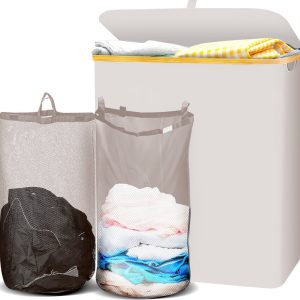 Lugia Wasmand – 2 Waszakken – 141L – Natuurlijk Bamboe – Wasmand met Deksel – Wassorteerder – Beige