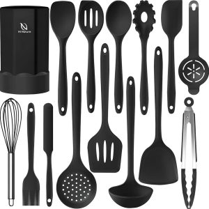 HI NATURE™ Keukengerei Set met Houder 15 delig – Siliconen spatels – Spatelset – Keukenspatel | Pannenlikker, Bakspaan, Garde, Bakkwast, Pastalepel, Bakspaan, Schuimspaan | Hittebestendig – BPA vrij | Anti-aanbak – Keuken Gerei (Zwart)