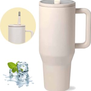 HI NATURE™ Luxe RVS Thermosbeker met Handvat en Rietje 1.2 liter (40oz) / Travel Cup – Tumbler Drinkfles – Waterfles – Dubbelwandige isolatie – Travel mug – Handige drinkbeker – Thermosfles – Thermoskan| Drinkflessen BPA- & Lekvrij (Beige)