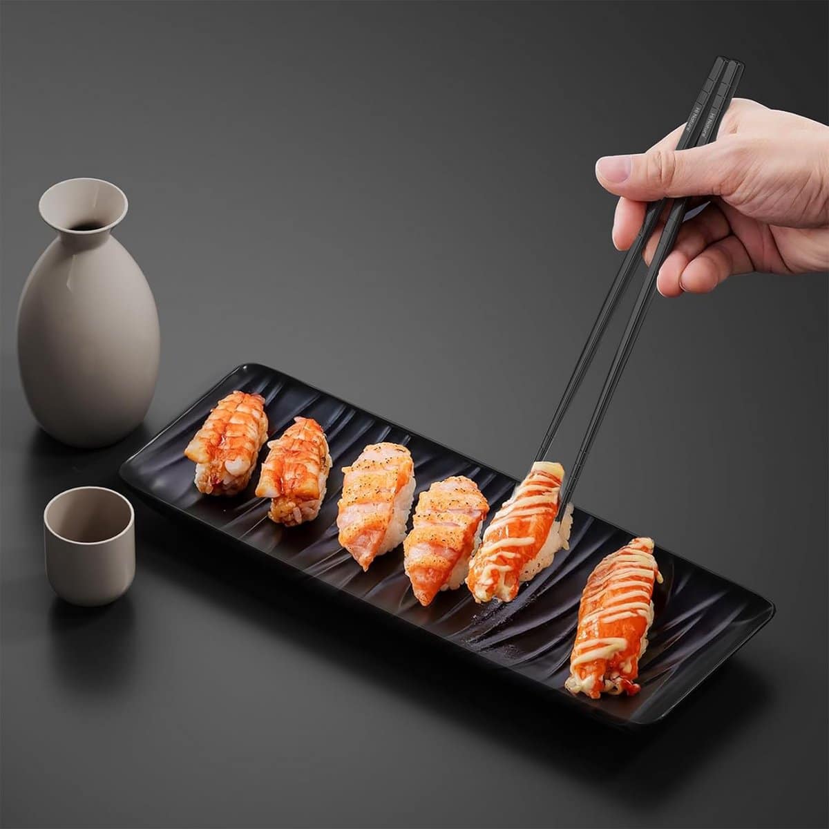 HI NATURE™ Luxe Chopsticks Set – Koreaanse Eetstokjes – Herbruikbaar en Vaatwasserbestendig – 5 Paar – Antislip – Metaal / RVS – Zwart - Afbeelding 5