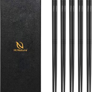 HI NATURE™ Luxe Chopsticks Set – Koreaanse Eetstokjes – Herbruikbaar en Vaatwasserbestendig – 5 Paar – Antislip – Metaal / RVS – Zwart