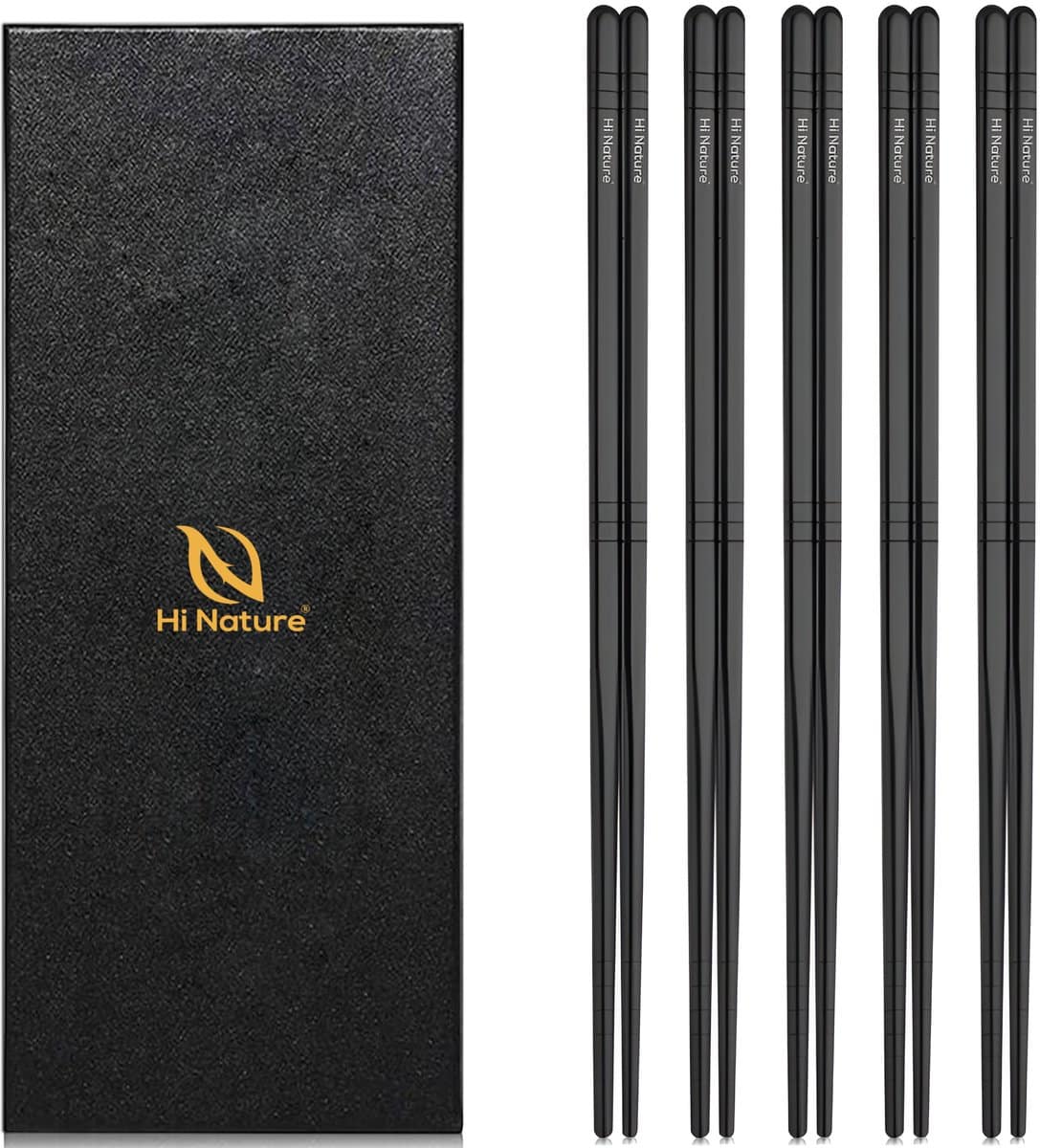 HI NATURE™ Luxe Chopsticks Set – Koreaanse Eetstokjes – Herbruikbaar en Vaatwasserbestendig – 5 Paar – Antislip – Metaal / RVS – Zwart - Afbeelding 2