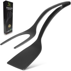 HI NATURE™ Multifunctionele Spatel Tang 2 in 1 – Keukengereedschap – Keukenspatel – Spateltang – Bakspaan – Keukengerei | 100% BPA-vrij, Hittebestendig & Anti-aanbak – Perfect voor het Draaien van Eieren, Pannenkoeken en Vlees (zwart)
