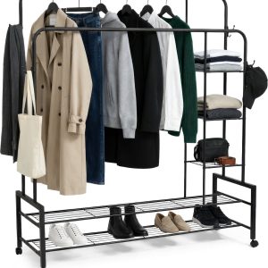 Lumeva XXL Kledingrek op Wieltjes – Dubbel Garderoberek met Schoenenrek & Planken – Kledingstang – Open Kledingkast Metaal – 150x50x162 cm – Zwart