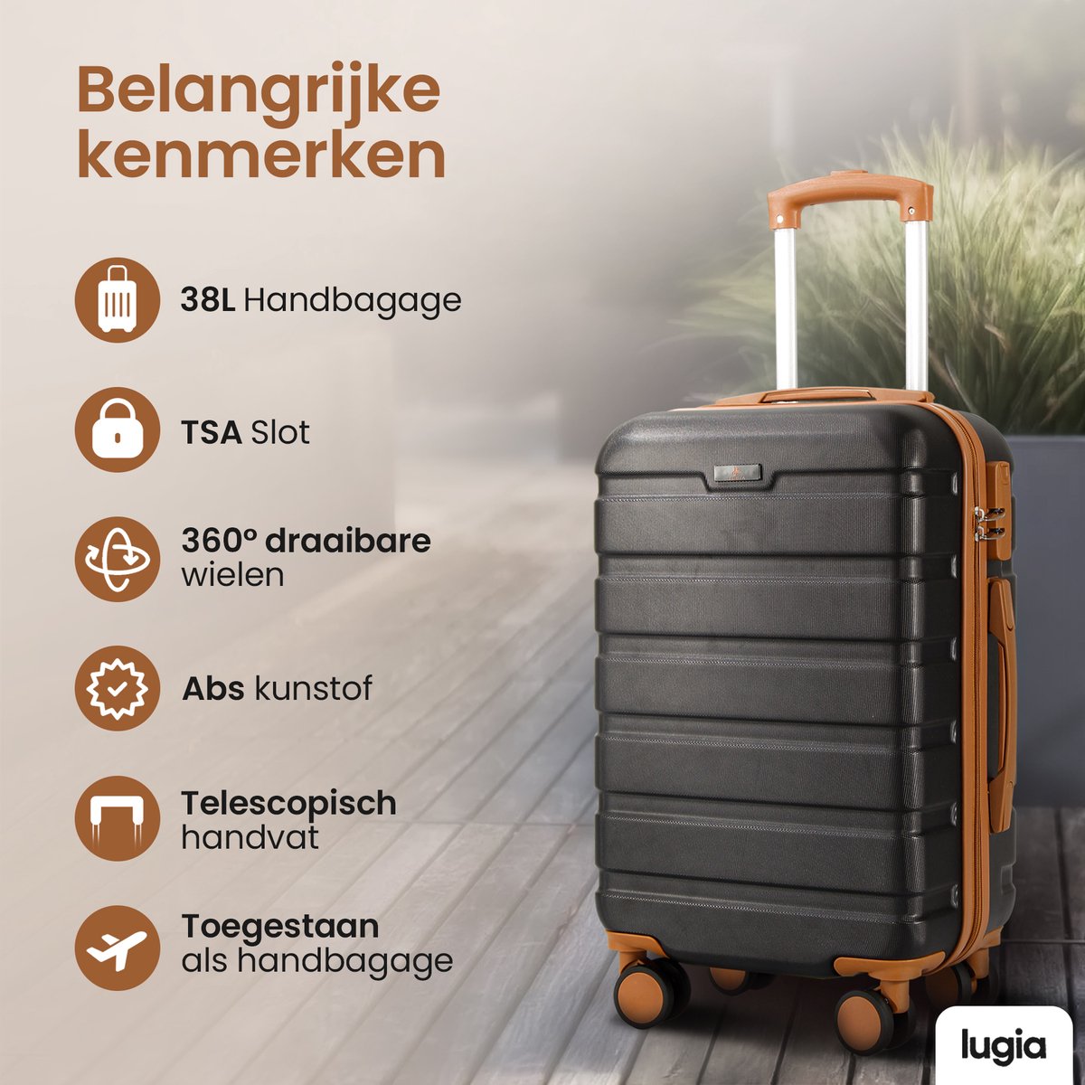 Lugia Handbagage Koffer 38L – TSA Slot – Waterdicht – 360 Draaibare Wielen – Telescopisch Handvat – Trolley – Reiskoffer Set – Zwart - Afbeelding 3
