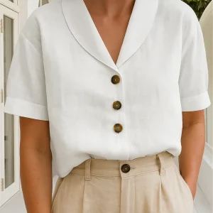 Dames T-shirt katoen-linnen – ademend zomershirt met envelophals