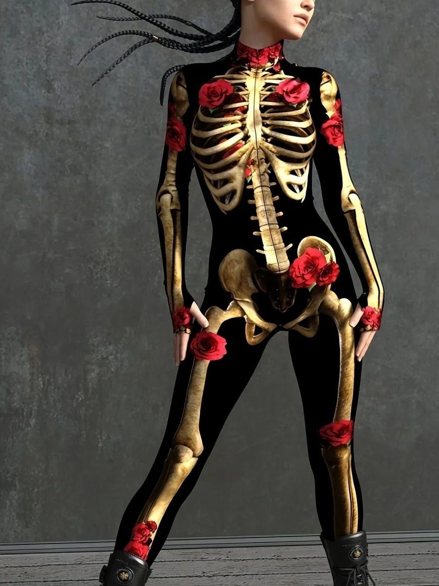 NightRose Halloween Skeletten Jumpsuit – Vrouwen Kostuum met Rozenaccenten - Afbeelding 2