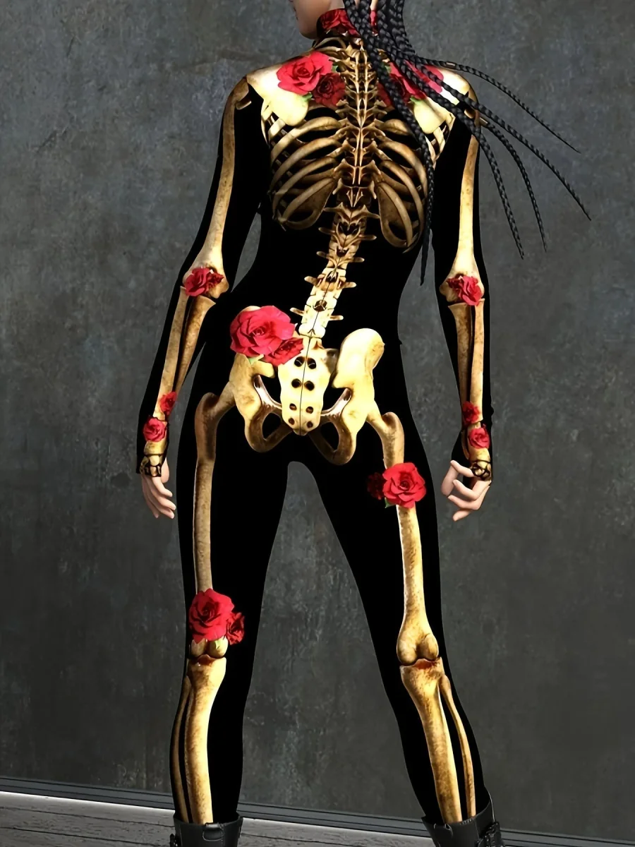 NightRose Halloween Skeletten Jumpsuit – Vrouwen Kostuum met Rozenaccenten - Afbeelding 4